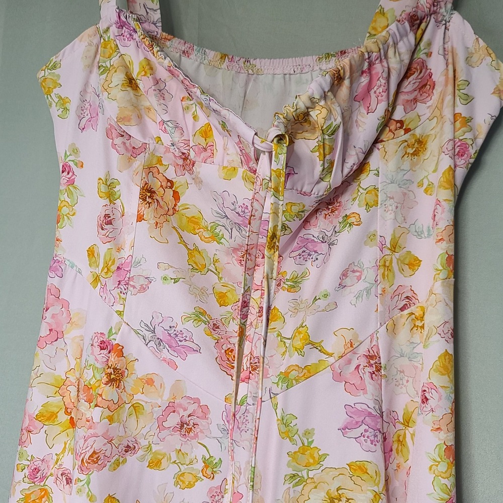 Cottagecore‎ Floral Maxi Dress Women Medium Pink Yellow Slit Fairycore Romantic